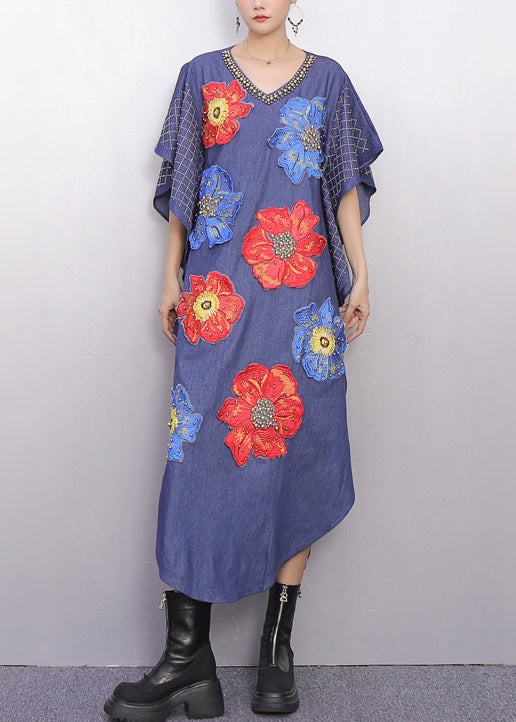 Fitted Denim Blue Floral Nail Bead Maxi Dresses Batwing Sleeve