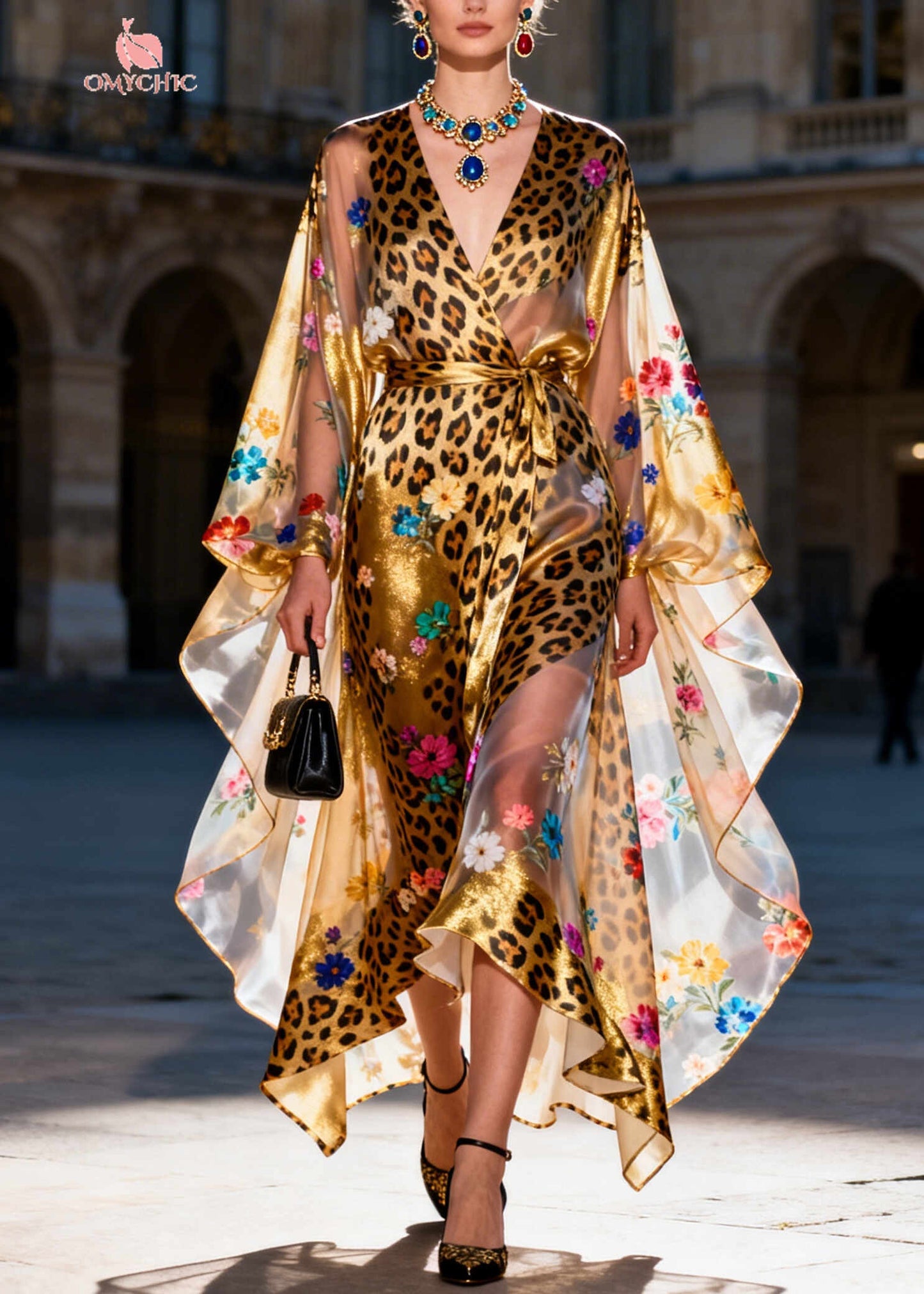 Fitted Golden Print Asymmetrical Design Chiffon Dress Batwing Sleeve