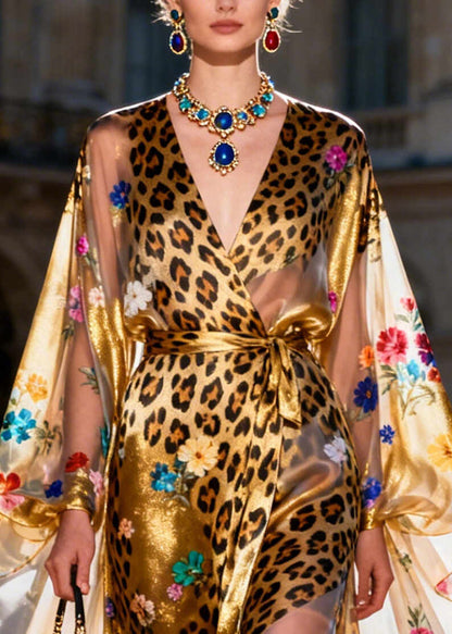 Fitted Golden Print Asymmetrical Design Chiffon Dress Batwing Sleeve