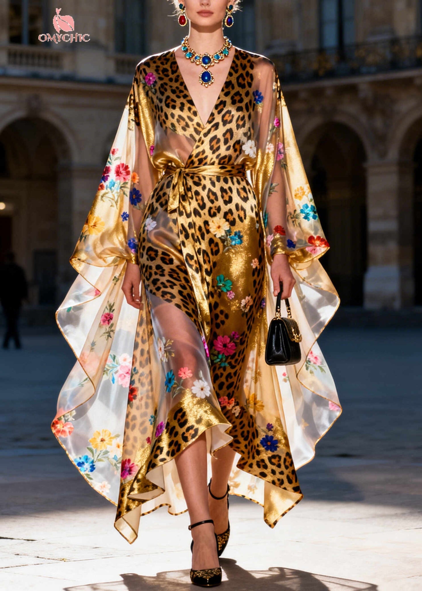 Fitted Golden Print Asymmetrical Design Chiffon Dress Batwing Sleeve