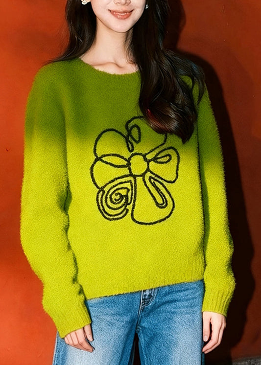 Fitted Grass Green Oversized Floral Knit Sweaters Winter