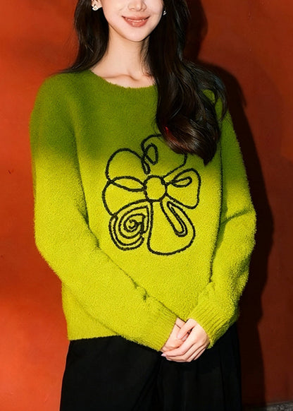 Fitted Grass Green Oversized Floral Knit Sweaters Winter