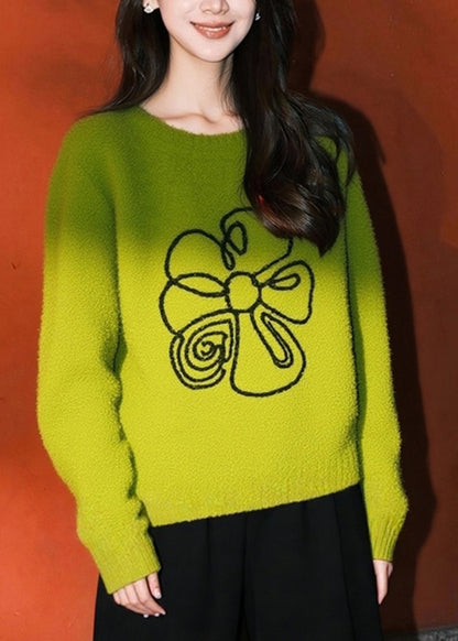 Fitted Grass Green Oversized Floral Knit Sweaters Winter