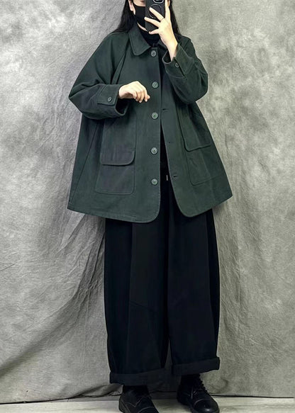 Fitted Green Oversized Pockets Patchwork Cotton Coats Fall