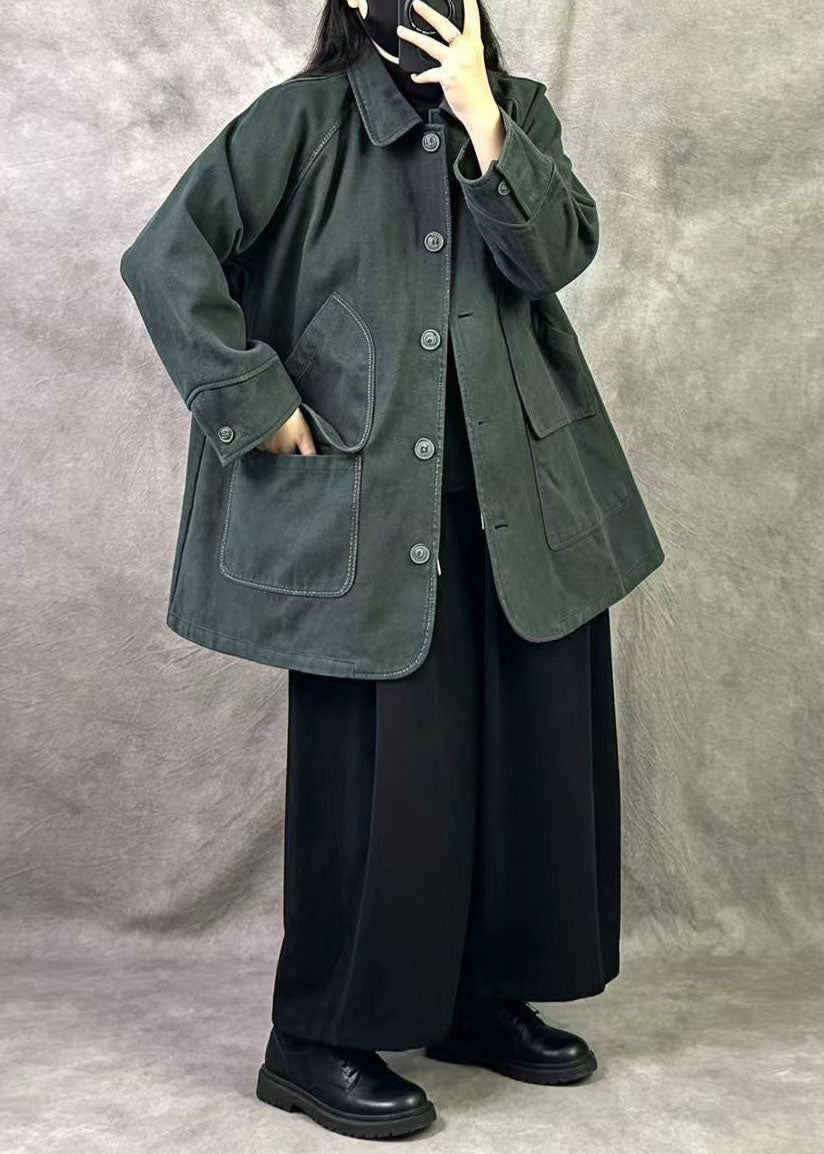 Fitted Green Oversized Pockets Patchwork Cotton Coats Fall