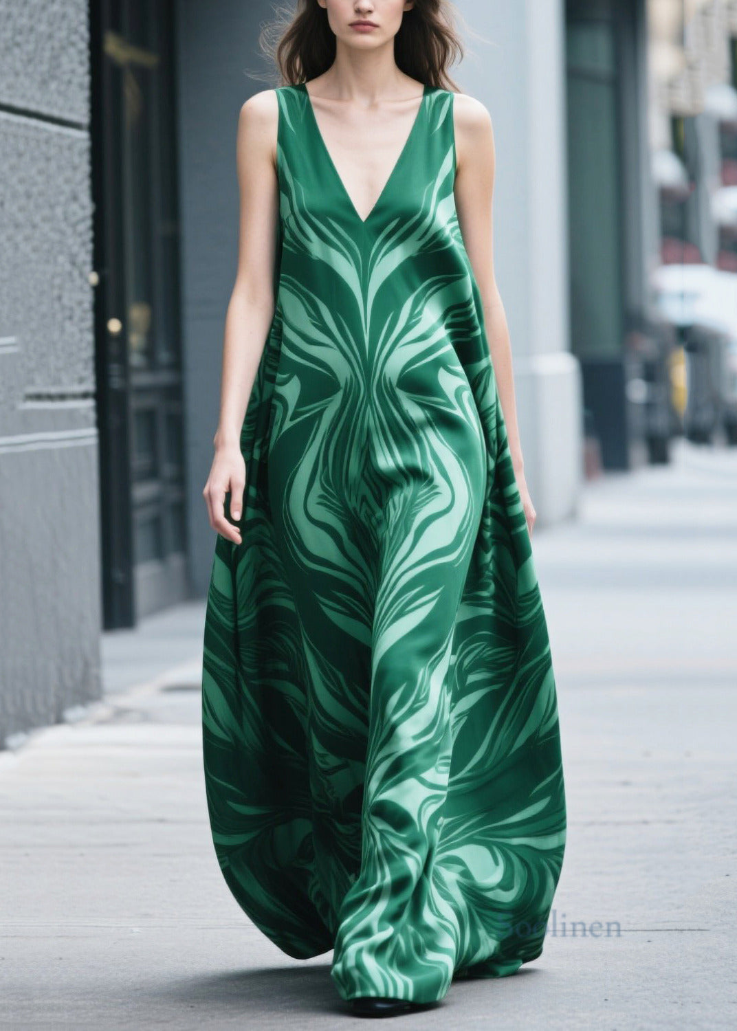 Fitted Green Oversized Print Chiffon Long Dress Sleeveless