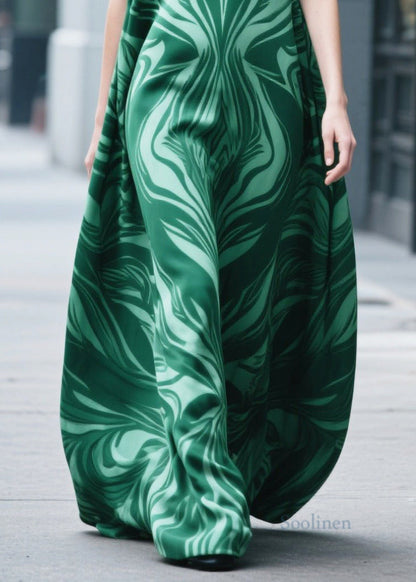 Fitted Green Oversized Print Chiffon Long Dress Sleeveless