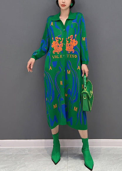 Fitted Green Peter Pan Collar Print Button Knit Shirts Dress Fall