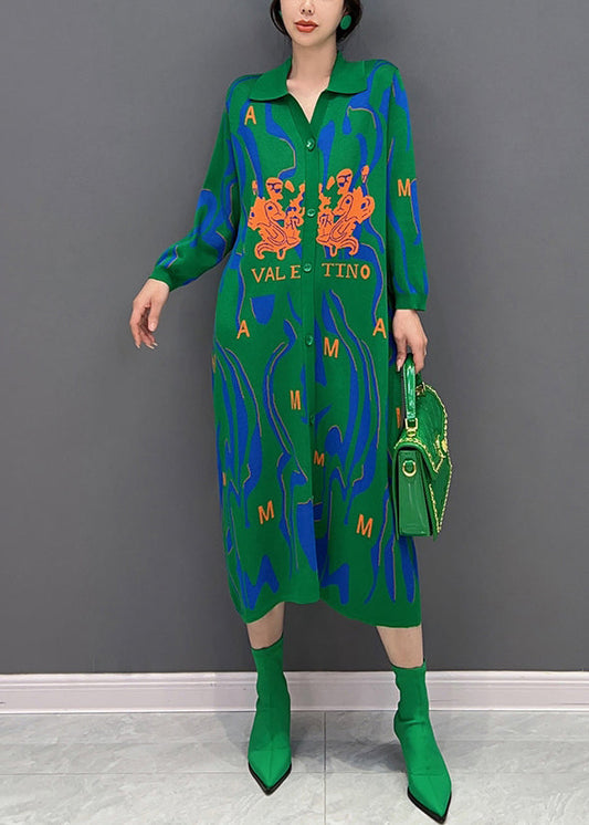 Fitted Green Peter Pan Collar Print Button Knit Shirts Dress Fall