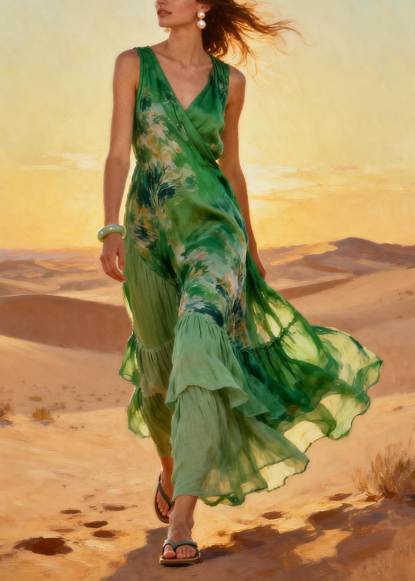 Fitted Green Print Patchwork Exra Large Hem Chiffon Robe Dresses Summer