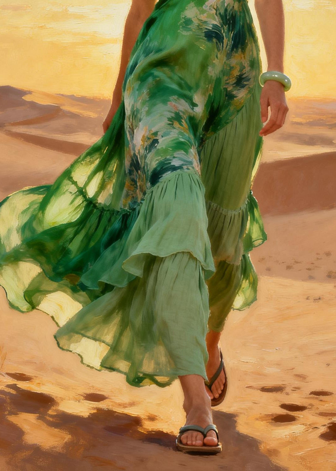 Fitted Green Print Patchwork Exra Large Hem Chiffon Robe Dresses Summer