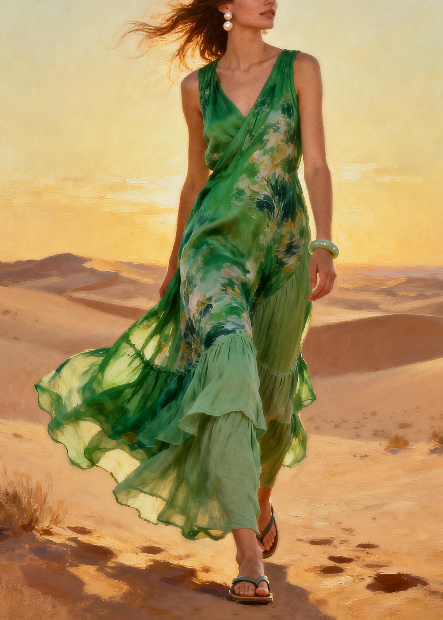 Fitted Green Print Patchwork Exra Large Hem Chiffon Robe Dresses Summer