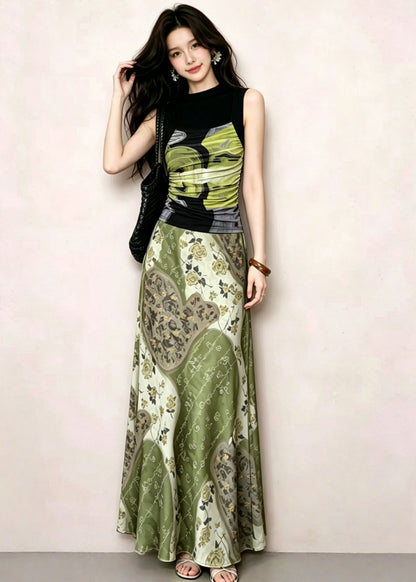Fitted Green Print Top And Maxi Skirts Two Piece Set Sleeveless