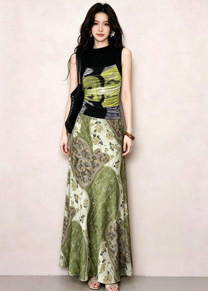 Fitted Green Print Top And Maxi Skirts Two Piece Set Sleeveless