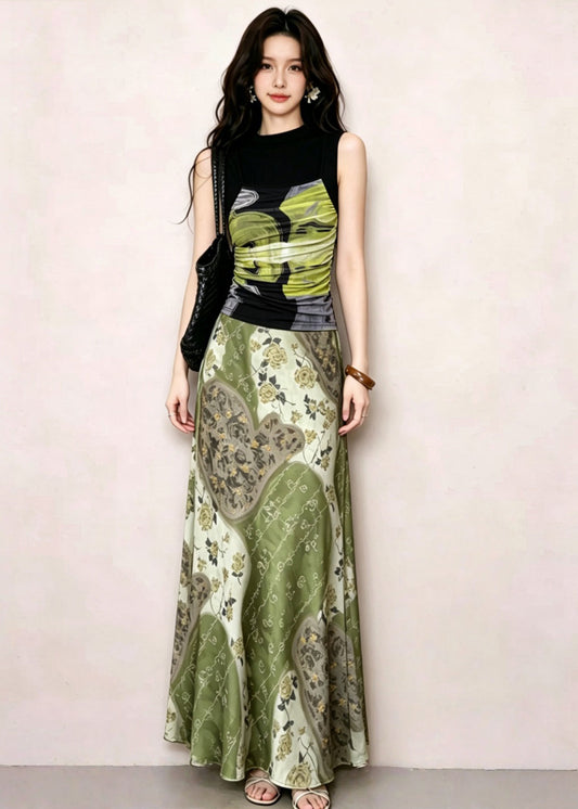 Fitted Green Print Top And Maxi Skirts Two Piece Set Sleeveless