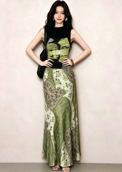 Fitted Green Print Top And Maxi Skirts Two Piece Set Sleeveless