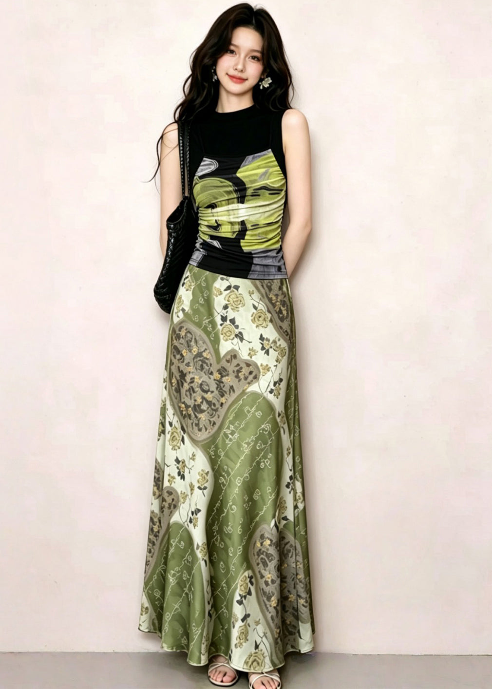 Fitted Green Print Top And Maxi Skirts Two Piece Set Sleeveless