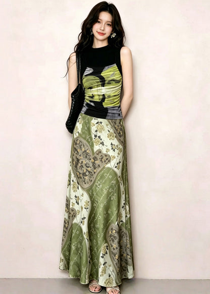 Fitted Green Print Top And Maxi Skirts Two Piece Set Sleeveless