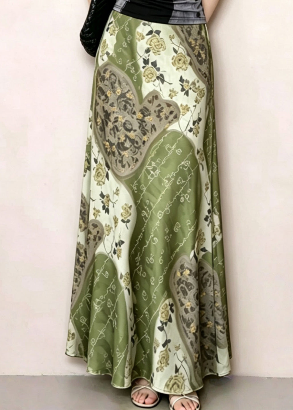 Fitted Green Print Top And Maxi Skirts Two Piece Set Sleeveless