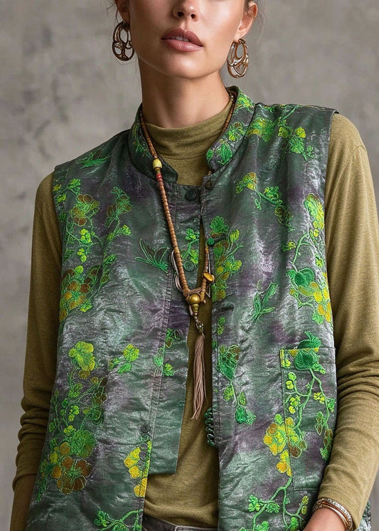 Fitted Green Print Warm Silk Cotton Cardigans Sleeveless