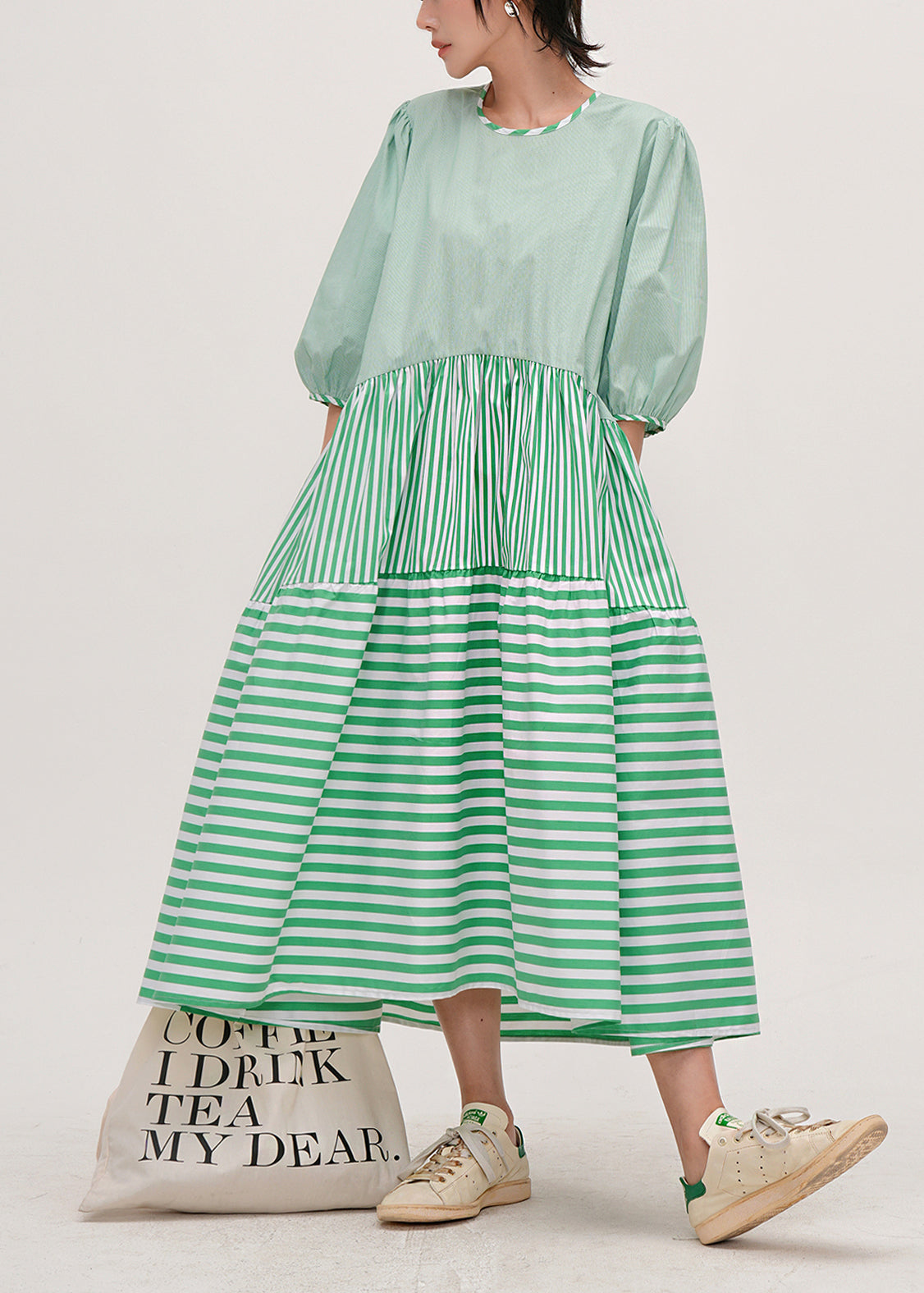 Fitted Green Puff Sleeve Patchwork Striped Cotton Robe Dresses