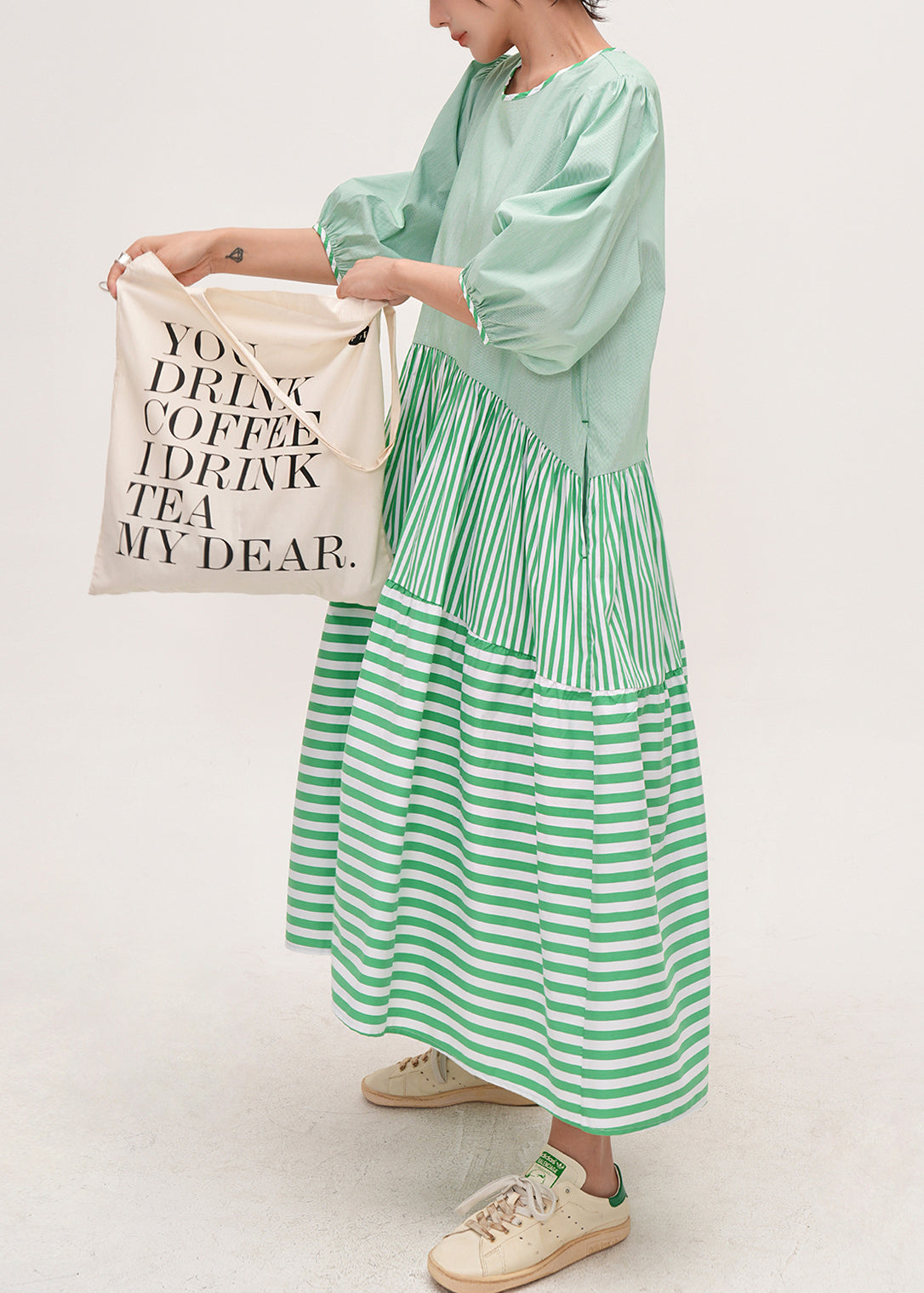 Fitted Green Puff Sleeve Patchwork Striped Cotton Robe Dresses