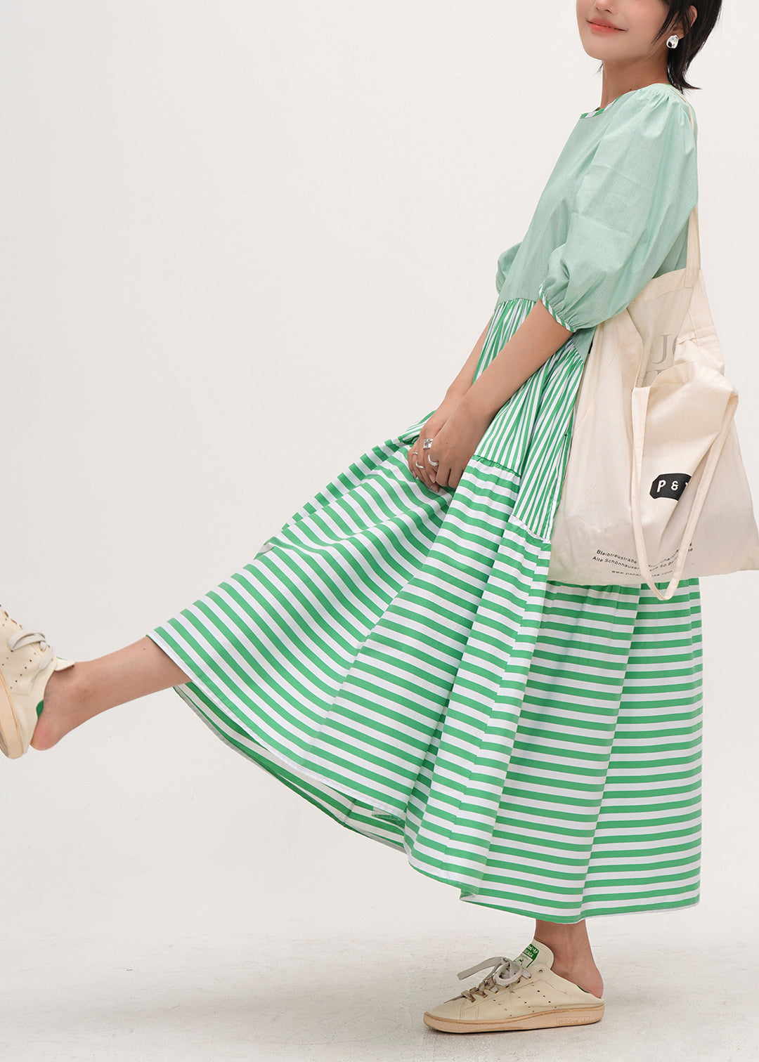 Fitted Green Puff Sleeve Patchwork Striped Cotton Robe Dresses