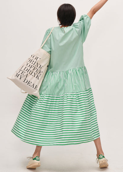 Fitted Green Puff Sleeve Patchwork Striped Cotton Robe Dresses