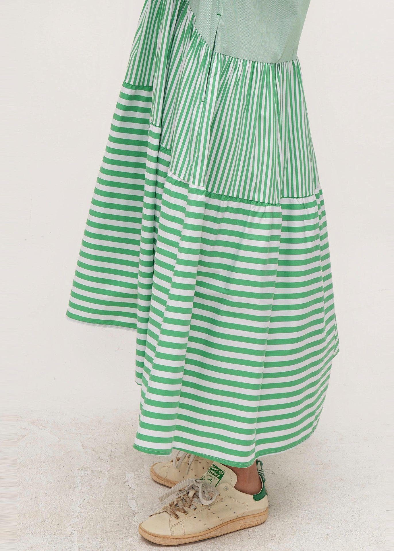 Fitted Green Puff Sleeve Patchwork Striped Cotton Robe Dresses