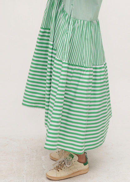 Fitted Green Puff Sleeve Patchwork Striped Cotton Robe Dresses