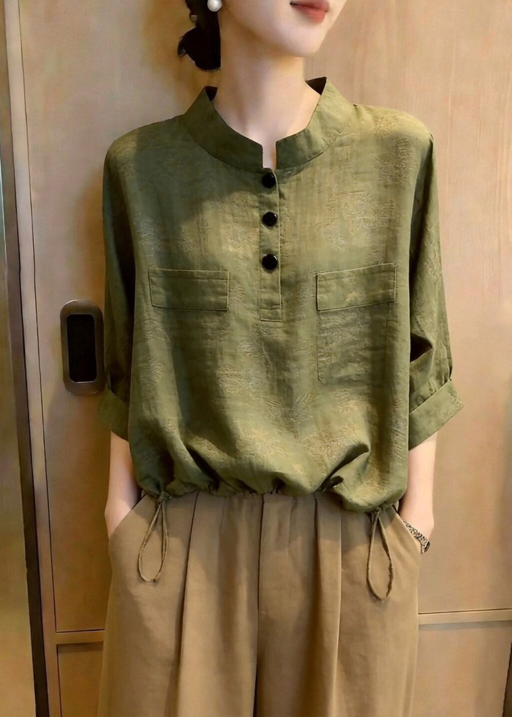 Fitted Green Stand Collar Drawstring Shirts Fall