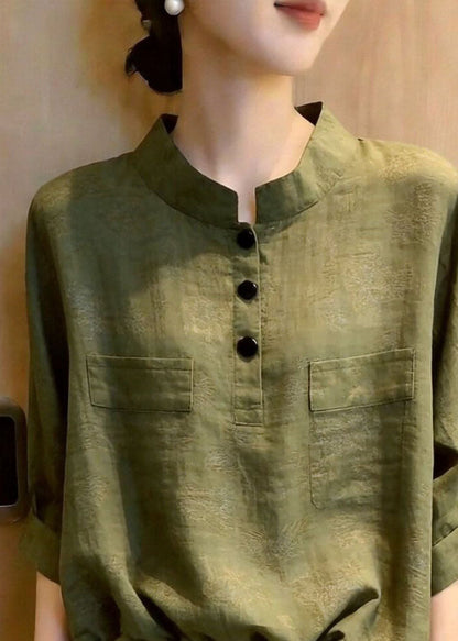 Fitted Green Stand Collar Drawstring Shirts Fall