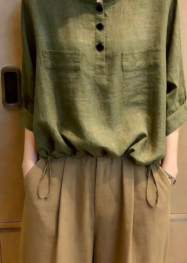 Fitted Green Stand Collar Drawstring Shirts Fall
