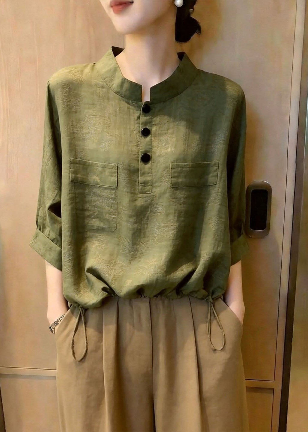 Fitted Green Stand Collar Drawstring Shirts Fall