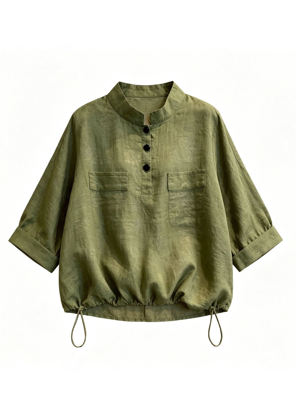 Fitted Green Stand Collar Drawstring Shirts Fall