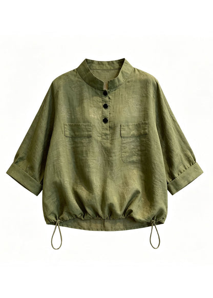 Fitted Green Stand Collar Drawstring Shirts Fall