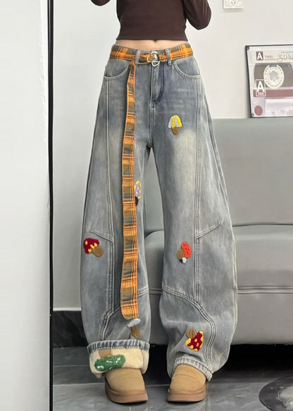 Fitted Grey Embroidered Patchwork DenimWarm Fleece Pants Winter