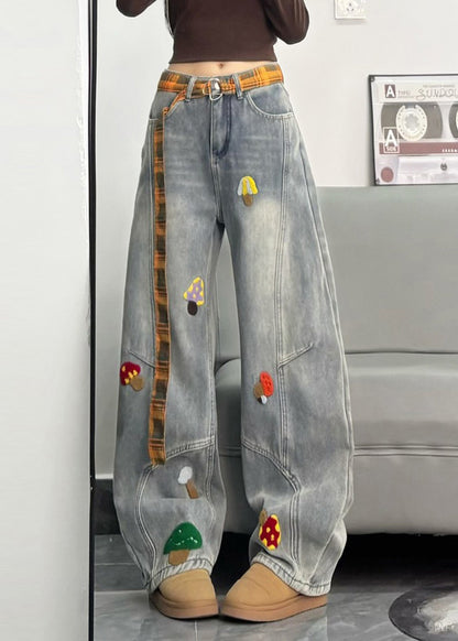 Fitted Grey Embroidered Patchwork DenimWarm Fleece Pants Winter