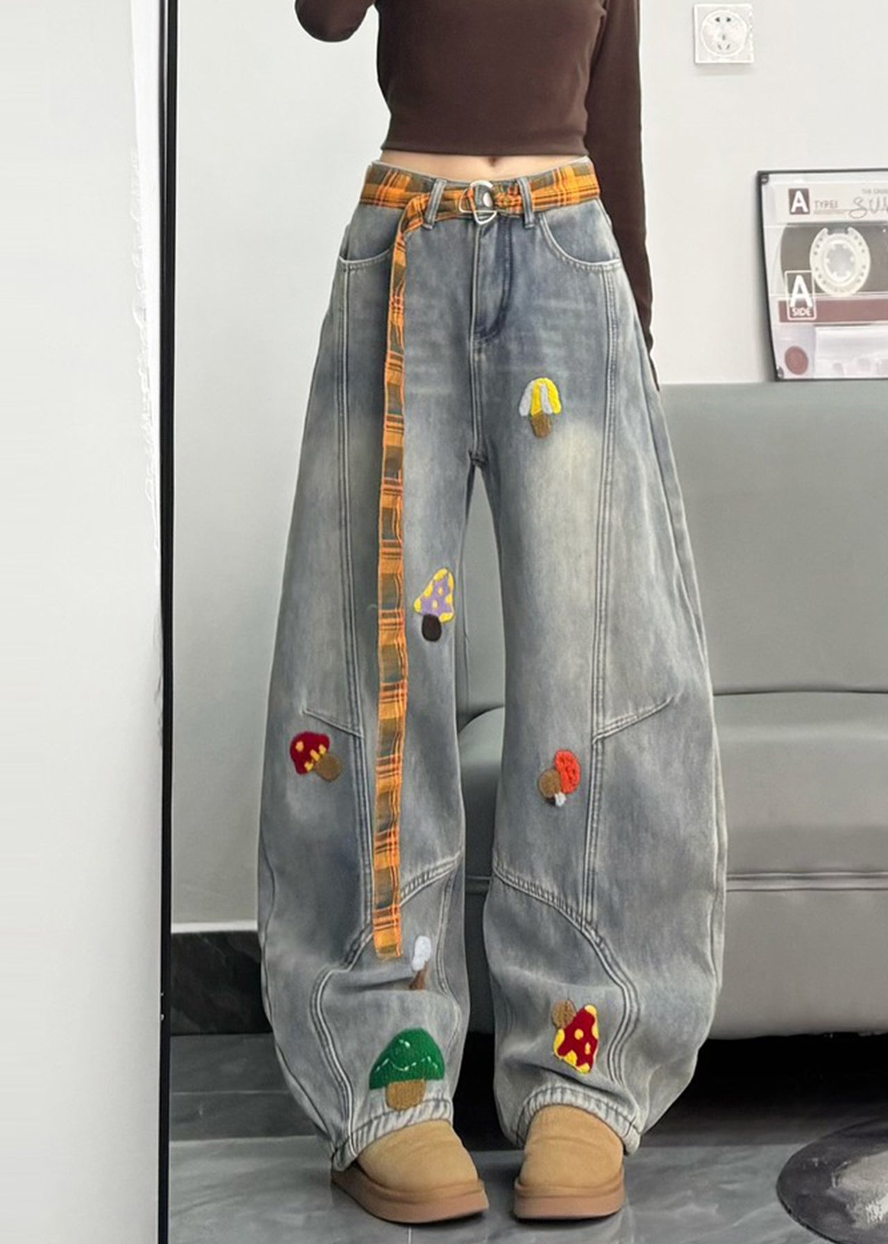 Fitted Grey Embroidered Patchwork DenimWarm Fleece Pants Winter