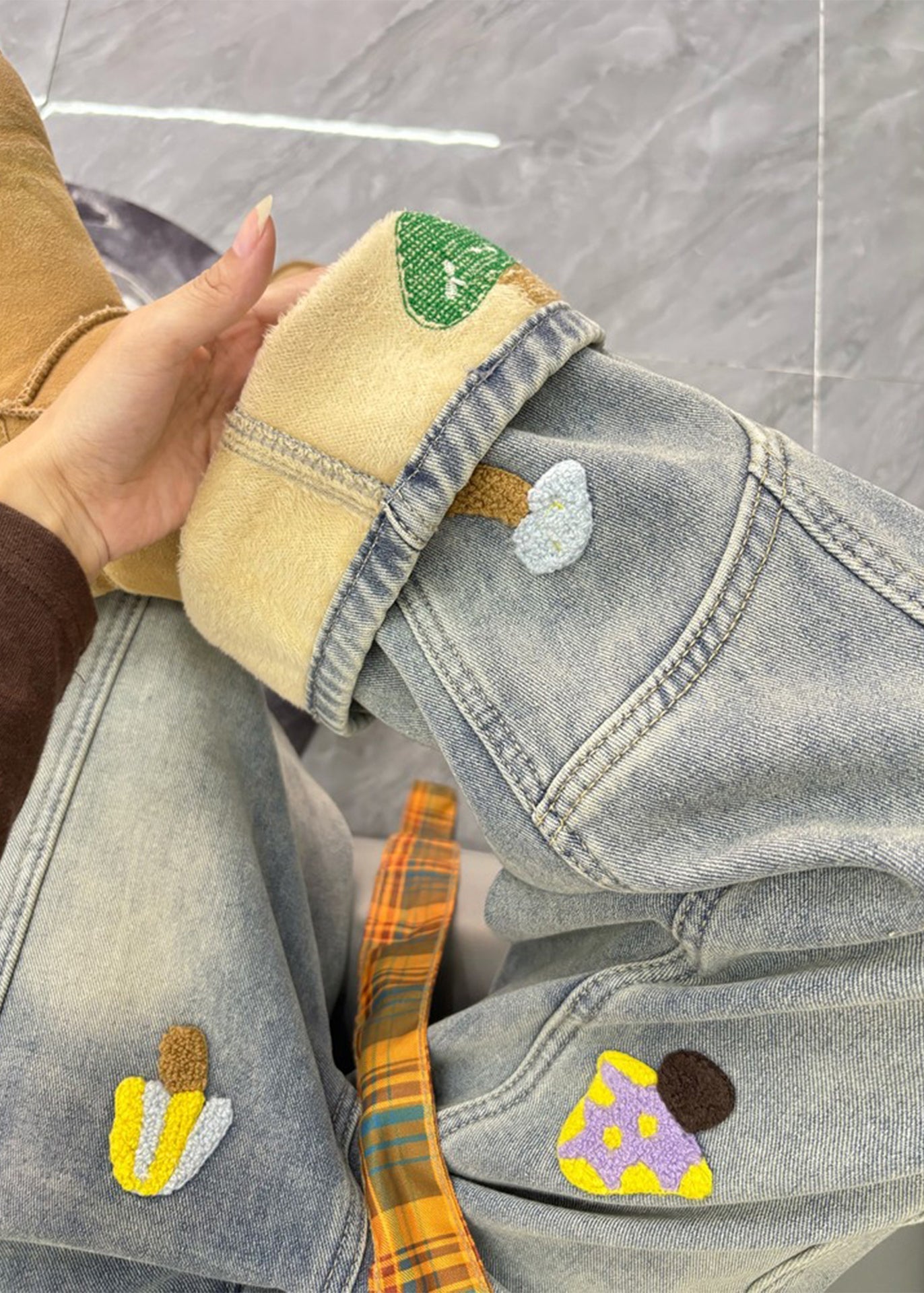 Fitted Grey Embroidered Patchwork DenimWarm Fleece Pants Winter