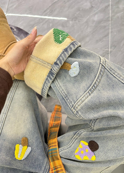 Fitted Grey Embroidered Patchwork DenimWarm Fleece Pants Winter