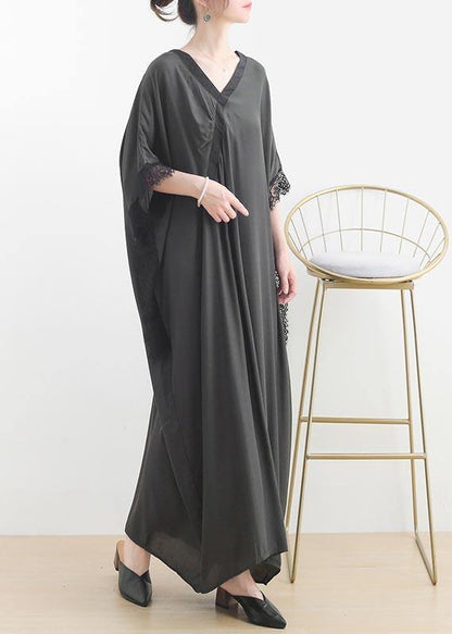 Fitted Grey Green V Neck Batwing Sleeve Vacation Dresses Summer Chiffon Dress - SooLinen