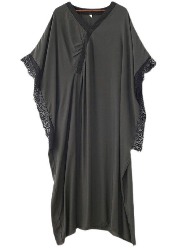 Fitted Grey Green V Neck Batwing Sleeve Vacation Dresses Summer Chiffon Dress - SooLinen