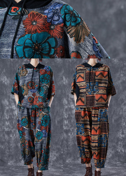 Fitted Grey Hooded Floral Print Cotton Two Piece Set Summer
