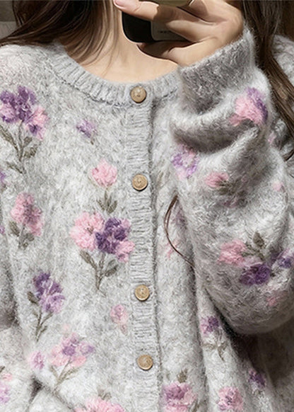 Fitted Grey O Neck Floral Tassel Button Knit Cardigans Spring