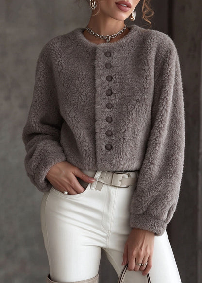Fitted Grey O-Neck Patchwork Faux Fur Coat Long Sleeve