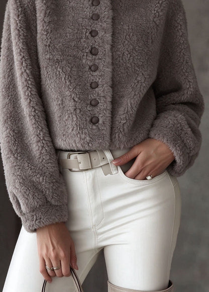 Fitted Grey O-Neck Patchwork Faux Fur Coat Long Sleeve