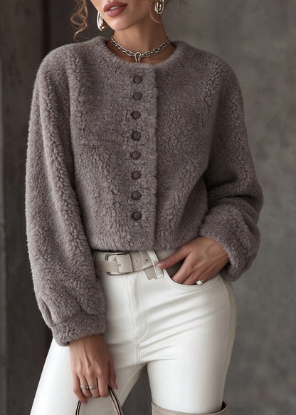 Fitted Grey O-Neck Patchwork Faux Fur Coat Long Sleeve