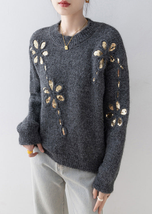 Fitted Grey O Neck Sequins Loose Knit Sweaters Spring