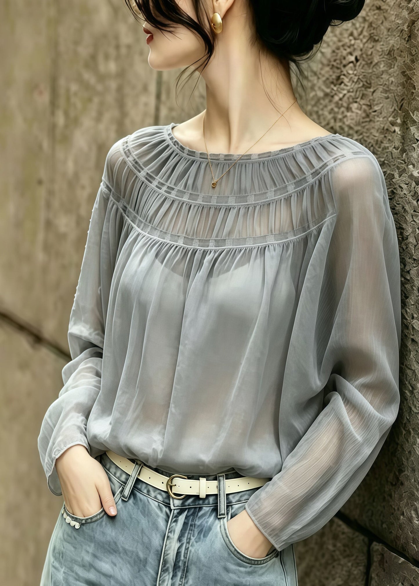 Fitted Grey O-Neck Wrinkled Chiffon Blouses Summer